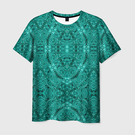 Мужская футболка 3D с принтом Бирюзовый восточный ажурный узор в Белгороде, 100% полиэфир | прямой крой, круглый вырез горловины, длина до линии бедер | ornament | turquoise | ажурный узор | бирюзовый | этнический орнамент