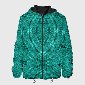 Мужская куртка 3D с принтом Бирюзовый восточный ажурный узор в Новосибирске, ткань верха — 100% полиэстер, подклад — флис | прямой крой, подол и капюшон оформлены резинкой с фиксаторами, два кармана без застежек по бокам, один большой потайной карман на груди. Карман на груди застегивается на липучку | ornament | turquoise | ажурный узор | бирюзовый | этнический орнамент