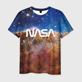 Мужская футболка 3D с принтом Лого NASA и Туманность Киля в Кировске, 100% полиэфир | прямой крой, круглый вырез горловины, длина до линии бедер | james webb telescope | nasa | space | universe | вселенная | зведы | звездное небо | космос | наса | телескоп джеймс уэбб | туманность киля | туманность киля джеймс уэбб | туманность киля наса | фото вселенная