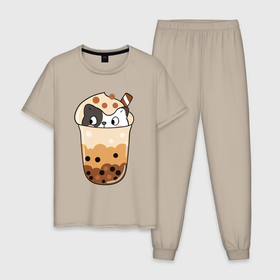 Мужская пижама хлопок с принтом Довольный котик в  стакане  с мороженым , 100% хлопок | брюки и футболка прямого кроя, без карманов, на брюках мягкая резинка на поясе и по низу штанин
 | кот | котенок | котик | кошечка | лето | мороженое