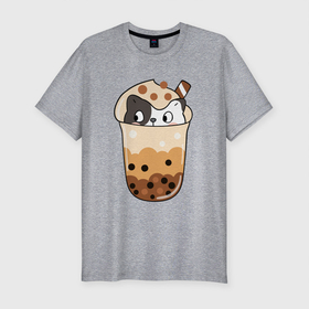 Мужская футболка хлопок Slim с принтом Довольный котик в  стакане  с мороженым в Курске, 92% хлопок, 8% лайкра | приталенный силуэт, круглый вырез ворота, длина до линии бедра, короткий рукав | кот | котенок | котик | кошечка | лето | мороженое
