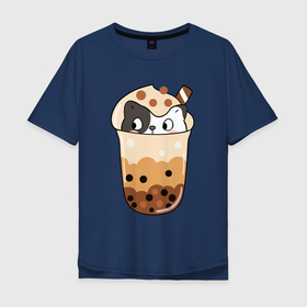 Мужская футболка хлопок Oversize с принтом Довольный котик в  стакане  с мороженым в Белгороде, 100% хлопок | свободный крой, круглый ворот, “спинка” длиннее передней части | Тематика изображения на принте: кот | котенок | котик | кошечка | лето | мороженое
