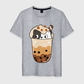 Мужская футболка хлопок с принтом Довольный котик в  стакане  с мороженым в Тюмени, 100% хлопок | прямой крой, круглый вырез горловины, длина до линии бедер, слегка спущенное плечо. | кот | котенок | котик | кошечка | лето | мороженое