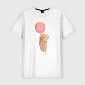 Мужская футболка хлопок Slim с принтом котик летит на воздушном шаре в Санкт-Петербурге, 92% хлопок, 8% лайкра | приталенный силуэт, круглый вырез ворота, длина до линии бедра, короткий рукав | Тематика изображения на принте: кот | кот на шарике | котик | кошка | шарик