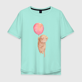 Мужская футболка хлопок Oversize с принтом котик летит на воздушном шаре в Санкт-Петербурге, 100% хлопок | свободный крой, круглый ворот, “спинка” длиннее передней части | Тематика изображения на принте: кот | кот на шарике | котик | кошка | шарик
