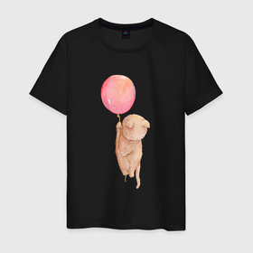 Мужская футболка хлопок с принтом котик летит на воздушном шаре в Санкт-Петербурге, 100% хлопок | прямой крой, круглый вырез горловины, длина до линии бедер, слегка спущенное плечо. | кот | кот на шарике | котик | кошка | шарик