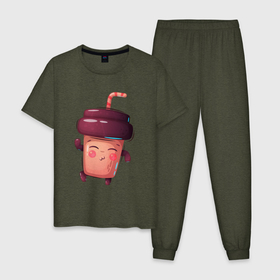 Мужская пижама хлопок с принтом Веселый стаканчик с кофе в Новосибирске, 100% хлопок | брюки и футболка прямого кроя, без карманов, на брюках мягкая резинка на поясе и по низу штанин
 | кофе | кофеин | кофейный | стакан | стаканчик