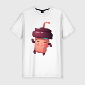 Мужская футболка хлопок Slim с принтом Веселый стаканчик с кофе в Новосибирске, 92% хлопок, 8% лайкра | приталенный силуэт, круглый вырез ворота, длина до линии бедра, короткий рукав | кофе | кофеин | кофейный | стакан | стаканчик
