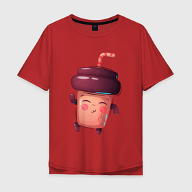 Мужская футболка хлопок Oversize с принтом Веселый стаканчик с кофе в Тюмени, 100% хлопок | свободный крой, круглый ворот, “спинка” длиннее передней части | Тематика изображения на принте: кофе | кофеин | кофейный | стакан | стаканчик