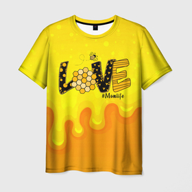 Мужская футболка 3D с принтом Love    буквы из сот в Тюмени, 100% полиэфир | прямой крой, круглый вырез горловины, длина до линии бедер | Тематика изображения на принте: love | буквы | любовь | мед | осы | пчелы | соты