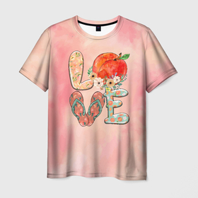 Мужская футболка 3D с принтом Love Summer  Лето в Екатеринбурге, 100% полиэфир | прямой крой, круглый вырез горловины, длина до линии бедер | summer | лето | любовь | море | отпуск | персик | сланцы