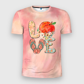 Мужская футболка 3D Slim с принтом Love Summer  Лето в Новосибирске, 100% полиэстер с улучшенными характеристиками | приталенный силуэт, круглая горловина, широкие плечи, сужается к линии бедра | summer | лето | любовь | море | отпуск | персик | сланцы