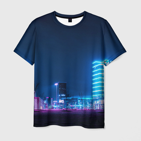 Мужская футболка 3D с принтом Неоновый ночной город   Светло синий в Тюмени, 100% полиэфир | прямой крой, круглый вырез горловины, длина до линии бедер | abstraction | art | artwork | city | colorful | colors | dark | darkness | graphics | neon | patterns | street | surrealism | sweethuman | sweethumen | абстракция | арт | город | графика | искусство | неон | разноцветный | сюрреализм | темнота | тьма | уз