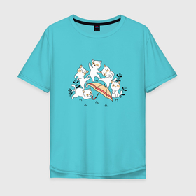 Мужская футболка хлопок Oversize с принтом Кавайные котики с зонтиком в Кировске, 100% хлопок | свободный крой, круглый ворот, “спинка” длиннее передней части | cat | котенок | котики | коты | кошки
