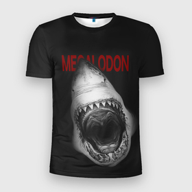 Мужская футболка 3D Slim с принтом Гигантская акула в Курске, 100% полиэстер с улучшенными характеристиками | приталенный силуэт, круглая горловина, широкие плечи, сужается к линии бедра | Тематика изображения на принте: акула | вымершая акула | гигантская акула | мегалодон | надпись | рот