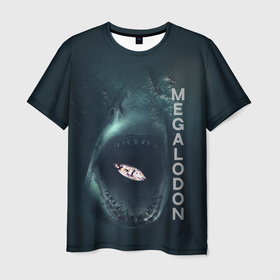 Мужская футболка 3D с принтом Мегалодон в тихом омуте в Курске, 100% полиэфир | прямой крой, круглый вырез горловины, длина до линии бедер | Тематика изображения на принте: акула | вымершая акула | гигантская акула | лодка | мегалодон | надпись