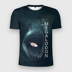 Мужская футболка 3D Slim с принтом Мегалодон в тихом омуте в Новосибирске, 100% полиэстер с улучшенными характеристиками | приталенный силуэт, круглая горловина, широкие плечи, сужается к линии бедра | акула | вымершая акула | гигантская акула | лодка | мегалодон | надпись