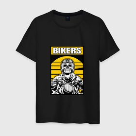 Мужская футболка хлопок с принтом SKELETON BIKER  A MOTORCYCLE в Кировске, 100% хлопок | прямой крой, круглый вырез горловины, длина до линии бедер, слегка спущенное плечо. | Тематика изображения на принте: 