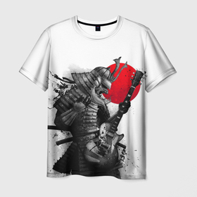Мужская футболка 3D с принтом Самурай гитарист в Екатеринбурге, 100% полиэфир | прямой крой, круглый вырез горловины, длина до линии бедер | Тематика изображения на принте: guitar | helmet | japan | katana | music | rock | ronin | samurai | гитара | катана | музыка | рок | ронин | самурай | шлем | япония