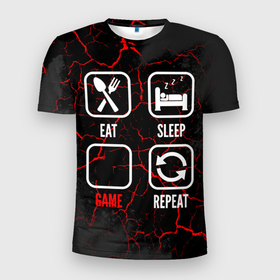 Мужская футболка 3D Slim с принтом Eat, Sleep, Zelda, Repeat в Белгороде, 100% полиэстер с улучшенными характеристиками | приталенный силуэт, круглая горловина, широкие плечи, сужается к линии бедра | eat sleep repeat | logo | the legend of zelda | zelda | игра | игры | краска | краски | легенд оф зельда | лого | логотип | символ