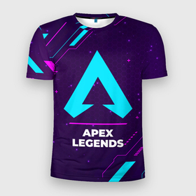 Мужская футболка 3D Slim с принтом Символ Apex Legends в неоновых цветах на темном фоне , 100% полиэстер с улучшенными характеристиками | приталенный силуэт, круглая горловина, широкие плечи, сужается к линии бедра | apex | apex legends | legends | logo | neon | paint | апекс легендс | апекс легент | брызги | игра | игры | краска | лого | логотип | неон | символ