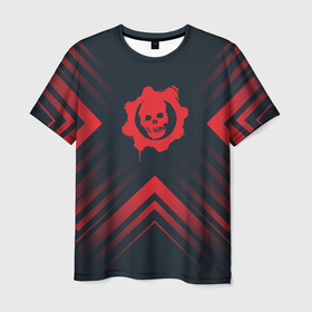 Мужская футболка 3D с принтом Красный Символ Gears of War на темном фоне со стрелками в Курске, 100% полиэфир | прямой крой, круглый вырез горловины, длина до линии бедер | gears of war | logo | гирс оф вар | игра | игры | лого | логотип | мрамор | ромб | символ | трещины