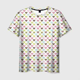 Мужская футболка 3D с принтом Разноцветные светлые сердечки в Петрозаводске, 100% полиэфир | прямой крой, круглый вырез горловины, длина до линии бедер | Тематика изображения на принте: абстрактные | абстракция | геометрия | классика | классические | нейтральные | спокойные | узор | узоры