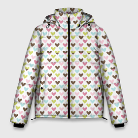 Мужская зимняя куртка 3D с принтом Разноцветные светлые сердечки в Петрозаводске, верх — 100% полиэстер; подкладка — 100% полиэстер; утеплитель — 100% полиэстер | длина ниже бедра, свободный силуэт Оверсайз. Есть воротник-стойка, отстегивающийся капюшон и ветрозащитная планка. 

Боковые карманы с листочкой на кнопках и внутренний карман на молнии. | Тематика изображения на принте: абстрактные | абстракция | геометрия | классика | классические | нейтральные | спокойные | узор | узоры
