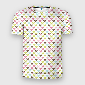 Мужская футболка 3D Slim с принтом Разноцветные светлые сердечки в Новосибирске, 100% полиэстер с улучшенными характеристиками | приталенный силуэт, круглая горловина, широкие плечи, сужается к линии бедра | абстрактные | абстракция | геометрия | классика | классические | нейтральные | спокойные | узор | узоры