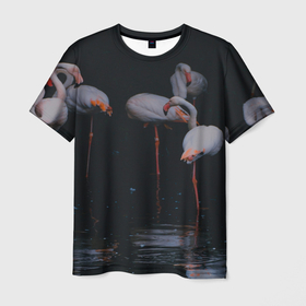 Мужская футболка 3D с принтом фламинго   вода в Тюмени, 100% полиэфир | прямой крой, круглый вырез горловины, длина до линии бедер | art | birds | flamingo | flock | illustration | pink | summer | watercolor | акварель | животные | иллюстрация | искусство | лето | птицы | розовый | стая | узор | фауна | фламинго