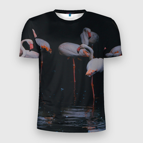 Мужская футболка 3D Slim с принтом фламинго   вода в Курске, 100% полиэстер с улучшенными характеристиками | приталенный силуэт, круглая горловина, широкие плечи, сужается к линии бедра | art | birds | flamingo | flock | illustration | pink | summer | watercolor | акварель | животные | иллюстрация | искусство | лето | птицы | розовый | стая | узор | фауна | фламинго