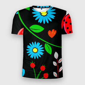 Мужская футболка 3D Slim с принтом цветы   микро в Белгороде, 100% полиэстер с улучшенными характеристиками | приталенный силуэт, круглая горловина, широкие плечи, сужается к линии бедра | божья коровка | животные | лети к своим | лето | микро | насекомые | одуванчик | прикольные картинки | природа | цветы