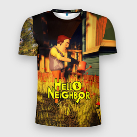 Мужская футболка 3D Slim с принтом Hello Neighbor | Привет сосед | Сосед поливает , 100% полиэстер с улучшенными характеристиками | приталенный силуэт, круглая горловина, широкие плечи, сужается к линии бедра | hello neighbor | видеоигра | игра | ник рот | привет сосед | сосед | теодор питерсон