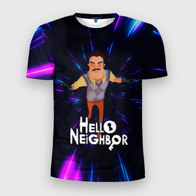 Мужская футболка 3D Slim с принтом Hello Neighbor | Привет сосед | Бегущий сосед , 100% полиэстер с улучшенными характеристиками | приталенный силуэт, круглая горловина, широкие плечи, сужается к линии бедра | hello neighbor | видеоигра | игра | ник рот | привет сосед | сосед | теодор питерсон