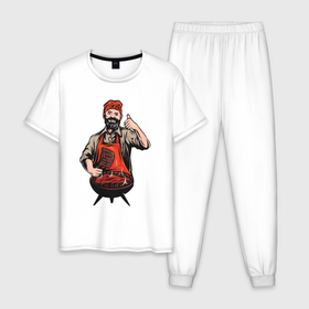 Мужская пижама хлопок с принтом Потешный повар в Новосибирске, 100% хлопок | брюки и футболка прямого кроя, без карманов, на брюках мягкая резинка на поясе и по низу штанин
 | Тематика изображения на принте: арт | готовка | иллюстрация | мангал | мужик | мужчина