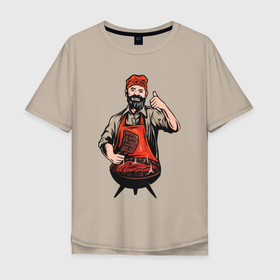 Мужская футболка хлопок Oversize с принтом Потешный повар в Новосибирске, 100% хлопок | свободный крой, круглый ворот, “спинка” длиннее передней части | Тематика изображения на принте: арт | готовка | иллюстрация | мангал | мужик | мужчина