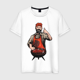 Мужская футболка хлопок с принтом Потешный повар в Кировске, 100% хлопок | прямой крой, круглый вырез горловины, длина до линии бедер, слегка спущенное плечо. | арт | готовка | иллюстрация | мангал | мужик | мужчина