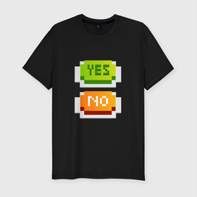 Мужская футболка хлопок Slim с принтом Да или нет в Екатеринбурге, 92% хлопок, 8% лайкра | приталенный силуэт, круглый вырез ворота, длина до линии бедра, короткий рукав | games | арт | иллюстрация | кнопки | пиксели