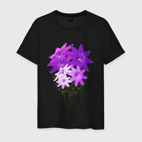 Мужская футболка хлопок с принтом Flowers purple light в Тюмени, 100% хлопок | прямой крой, круглый вырез горловины, длина до линии бедер, слегка спущенное плечо. | Тематика изображения на принте: 3d flowers | bloom | blossom | plants | purple florets