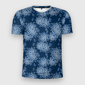 Мужская футболка 3D Slim с принтом Темно синий цветочный узор pattern в Белгороде, 100% полиэстер с улучшенными характеристиками | приталенный силуэт, круглая горловина, широкие плечи, сужается к линии бедра | dark blue | floral | pattern | синий | темно синий | цветочный узор