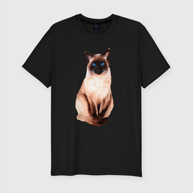 Мужская футболка хлопок Slim с принтом Сиамская кошка акварелью в Тюмени, 92% хлопок, 8% лайкра | приталенный силуэт, круглый вырез ворота, длина до линии бедра, короткий рукав | cat | pussy | siamese | киса | кися | котик | котэ | кошка | кошки | сиам | сиамская | сиамский