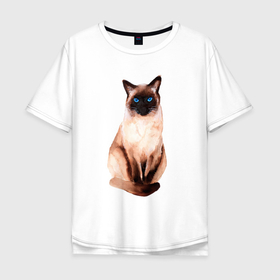 Мужская футболка хлопок Oversize с принтом Сиамская кошка акварелью в Тюмени, 100% хлопок | свободный крой, круглый ворот, “спинка” длиннее передней части | cat | pussy | siamese | киса | кися | котик | котэ | кошка | кошки | сиам | сиамская | сиамский