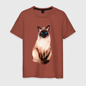 Мужская футболка хлопок с принтом Сиамская кошка акварелью в Кировске, 100% хлопок | прямой крой, круглый вырез горловины, длина до линии бедер, слегка спущенное плечо. | cat | pussy | siamese | киса | кися | котик | котэ | кошка | кошки | сиам | сиамская | сиамский
