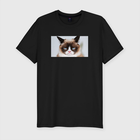Мужская футболка хлопок Slim с принтом Грампи кэт в Тюмени, 92% хлопок, 8% лайкра | приталенный силуэт, круглый вырез ворота, длина до линии бедра, короткий рукав | cat | grumpy | siamese | грампи | киса | кися | котик | котэ | кошка | кошки | сиам | сиамская | сиамский