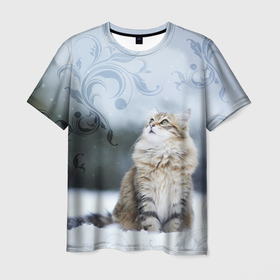 Мужская футболка 3D с принтом Сибирская кошка смотрит наверх в Кировске, 100% полиэфир | прямой крой, круглый вырез горловины, длина до линии бедер | cat | pussy | киса | кися | котик | котэ | кошка | кошки | пушистик | сибирская кошка | сибирский | сибирь