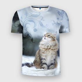 Мужская футболка 3D Slim с принтом Сибирская кошка смотрит наверх в Курске, 100% полиэстер с улучшенными характеристиками | приталенный силуэт, круглая горловина, широкие плечи, сужается к линии бедра | Тематика изображения на принте: cat | pussy | киса | кися | котик | котэ | кошка | кошки | пушистик | сибирская кошка | сибирский | сибирь
