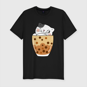 Мужская футболка хлопок Slim с принтом котик в  стакане  с мороженым , 92% хлопок, 8% лайкра | приталенный силуэт, круглый вырез ворота, длина до линии бедра, короткий рукав | кот | котенок | котик | кошечка | лето | мороженое