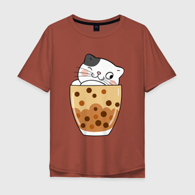Мужская футболка хлопок Oversize с принтом котик в  стакане  с мороженым в Белгороде, 100% хлопок | свободный крой, круглый ворот, “спинка” длиннее передней части | Тематика изображения на принте: кот | котенок | котик | кошечка | лето | мороженое