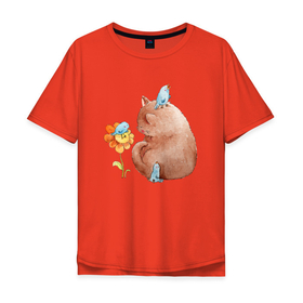 Мужская футболка хлопок Oversize с принтом Кошка с  птичкой в Санкт-Петербурге, 100% хлопок | свободный крой, круглый ворот, “спинка” длиннее передней части | Тематика изображения на принте: кот | кот на шарике | котик | кошка | шарик