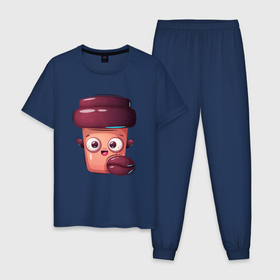 Мужская пижама хлопок с принтом Довольный стакан с кофе в Тюмени, 100% хлопок | брюки и футболка прямого кроя, без карманов, на брюках мягкая резинка на поясе и по низу штанин
 | Тематика изображения на принте: кофе | кофеин | кофейный | стакан | стаканчик